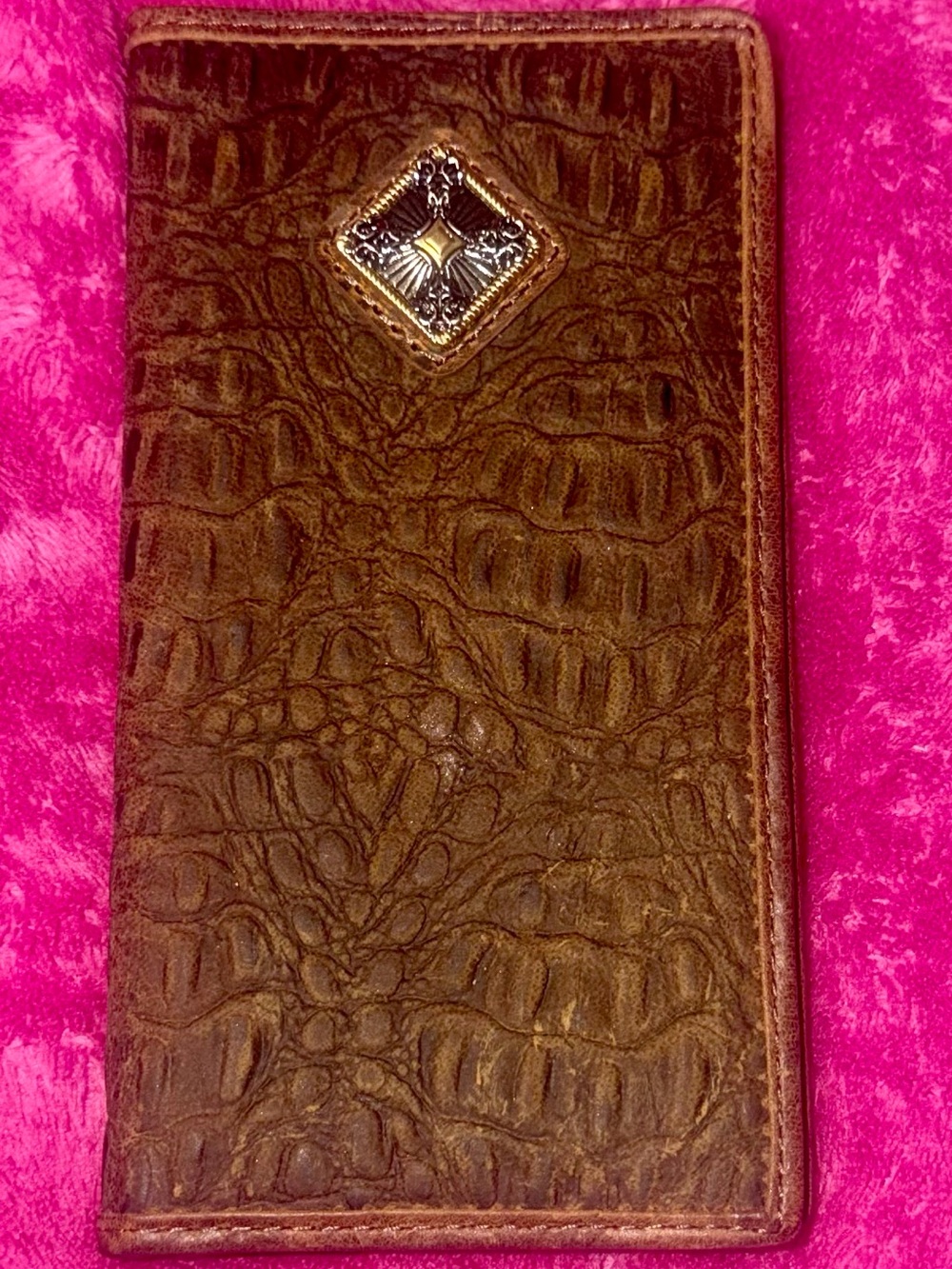 Tony Lama Brown Croc-Embossed Leather Wallet with Decorative Medallion